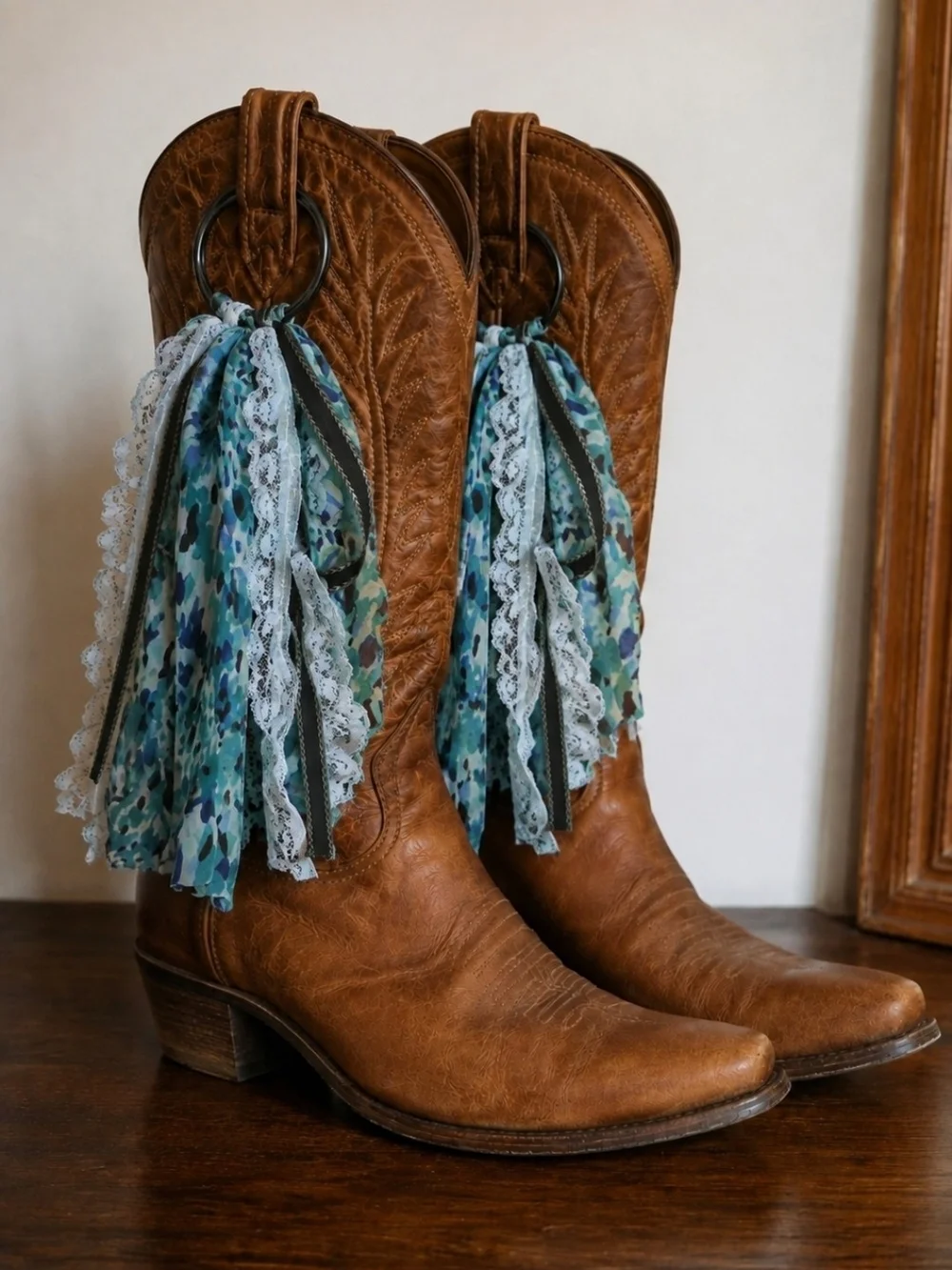 Boho Western Maximalist Handcrafted Blue Teal Boot Ring Tassel Accessory